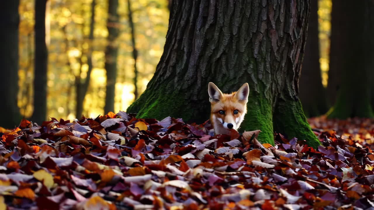 Red Fox in an Autumn Forest Amidst Fallen Leaves