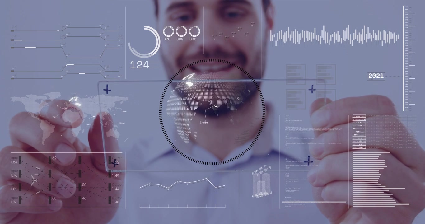 Man holding right finger over South America, using hologram globe and updating tech charts