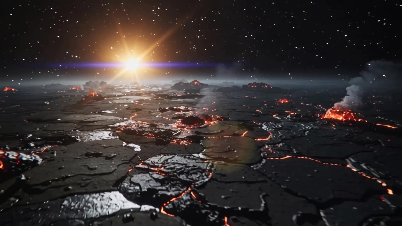 Pulling back, camera revealing lava flowing across cracked basalt plain, vents smoking, star rising