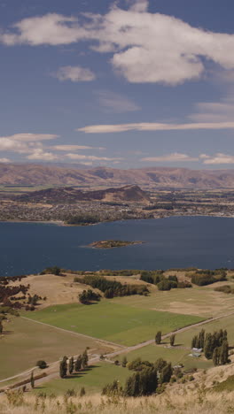 aerial view of a lakeside town and countryside