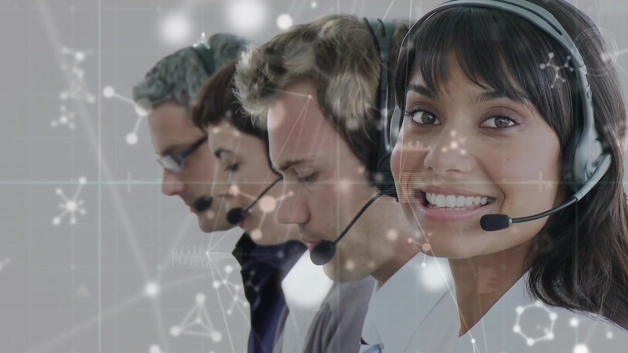 Animation of molecules and network of connections over diverse business people using phone headsets
