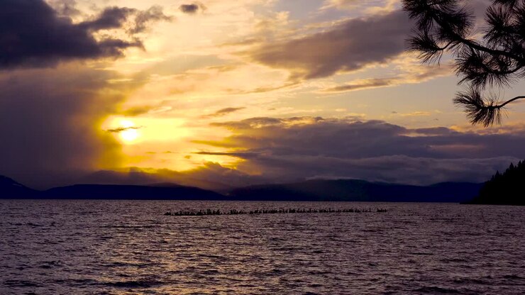 Puesta de sol detrás de pilotes de muelle abandonados en Glenbrook, Nevada, a lo largo de las orillas del lago Tahoe