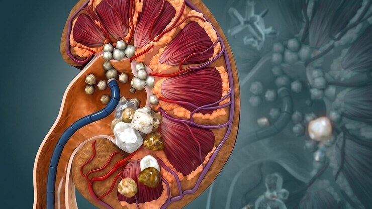Human Kidney Cross Section Anatomy Showing Renal Pelvis and Stones Visualization