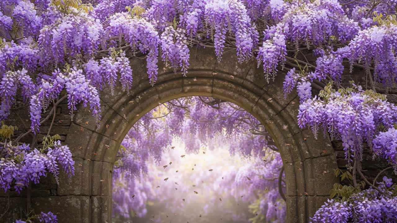 A tranquil archway adorned with vibrant wisteria flowers creates a magical entrance to a dreamy landscape filled with soft light and gentle hues of purple and green