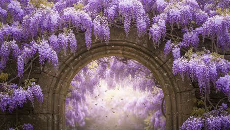 a tranquil archway adorned with vibrant wisteria flowers creates a magical entrance to a dreamy landscape filled with soft light and gentle hues of purple and green