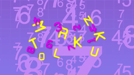 animación de letras y números en fondo púrpura