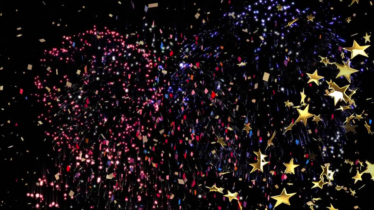 검은 바탕에 컨페티와 불꽃놀이 위에 떠다니는 별들의 애니메이션