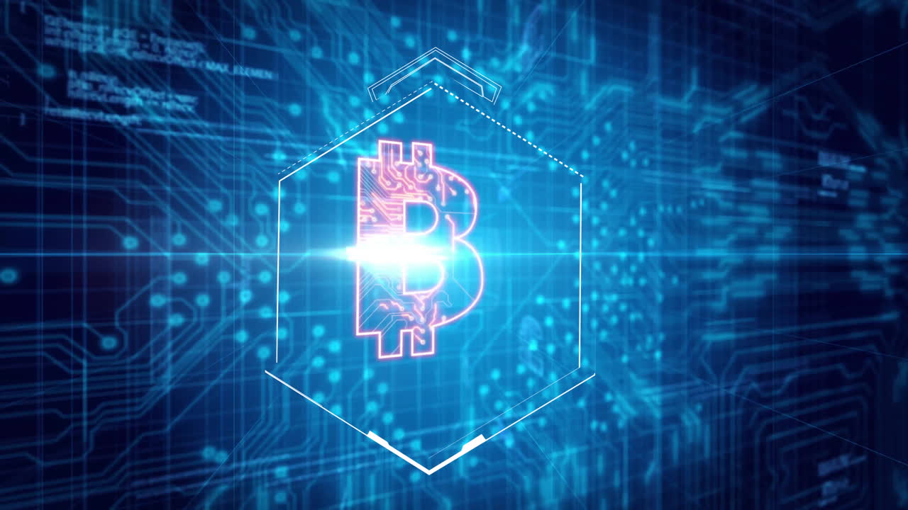 Glowing Bitcoin symbol within digital animation on futuristic blue background