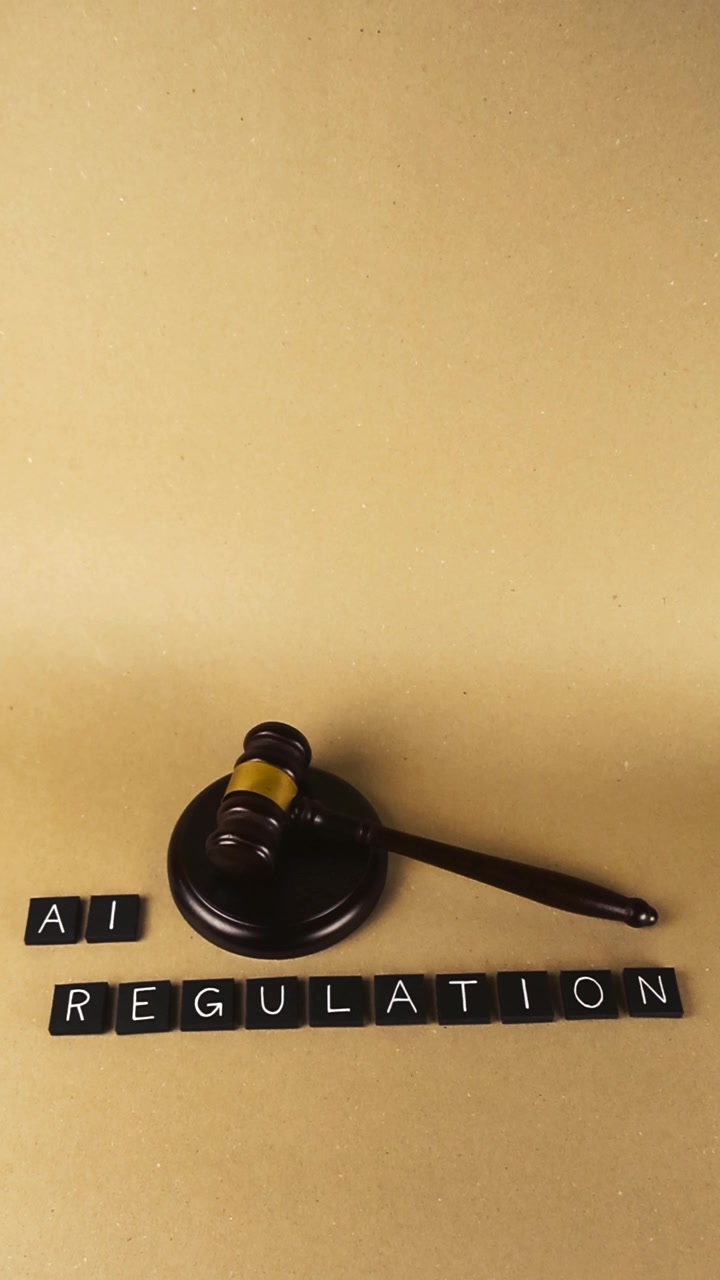 Martello da giudice in legno appoggiato accanto alla frase Regolamentazione dell'IA composta da tessere con lettere, che concettualizza quadri giuridici e linee guida etiche per la tecnologia dell'intelligenza artificiale.