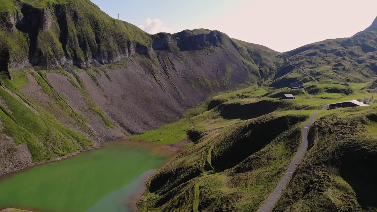 Fairytale Alpine mountain valley with glacial Eisee Lake, Eiseesattel, Switzerland