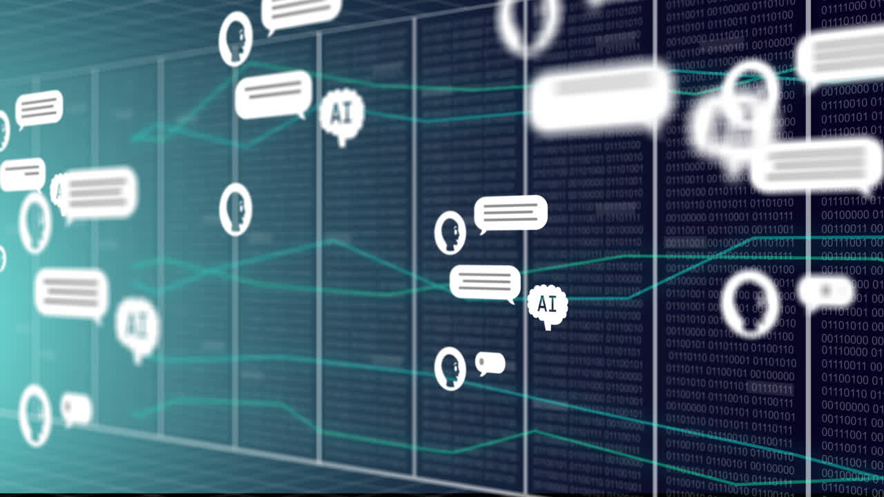 Animation of ai chat text and data processing over grid