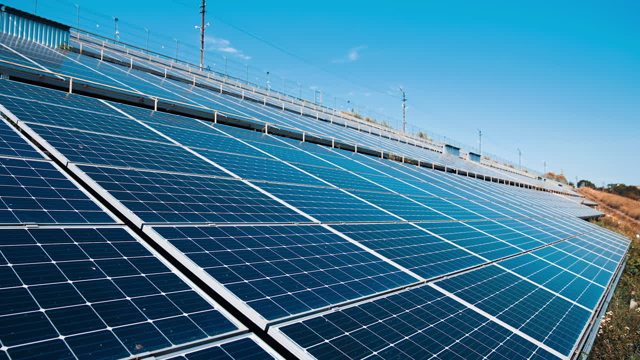 Green ecology sunlight electricity station. Fields of energy landscape electrical power innovation.