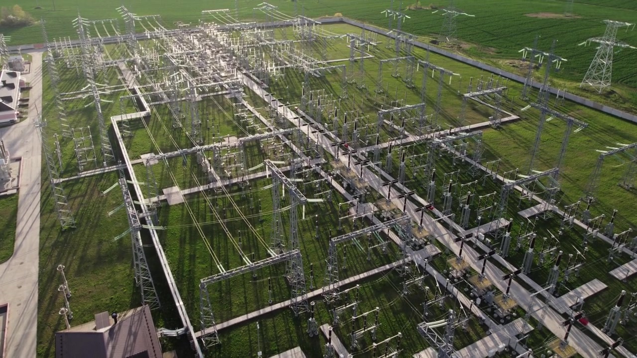 Aerial View of Electrical Substation in Rural Landscape