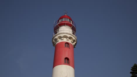 un primer plano de la parte superior del faro histórico de swakopmund contra un cielo azul