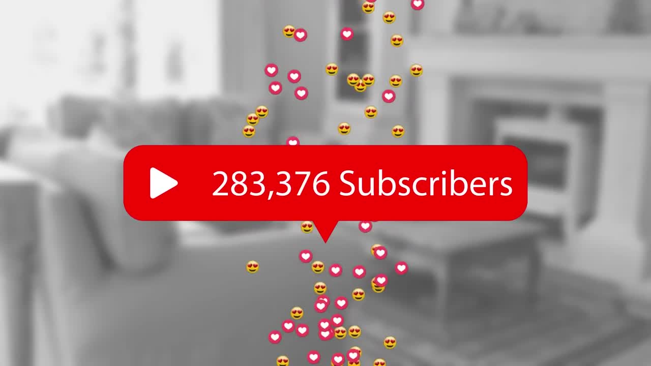 Animation of subscribers growing number with emoji icons over living room interior