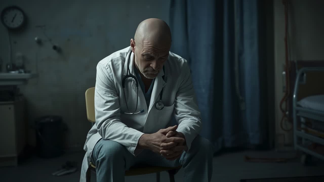 Leaning back, senior doctor holding clasped hands in exam room, preparing to stand with stethoscope