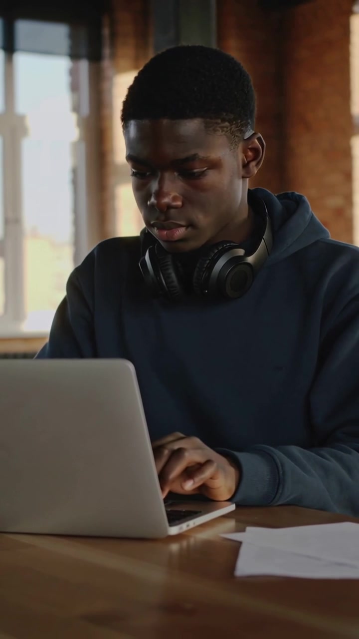 Vertical video: Leaning student in hoodie typing on laptop in loft, working with notes headset