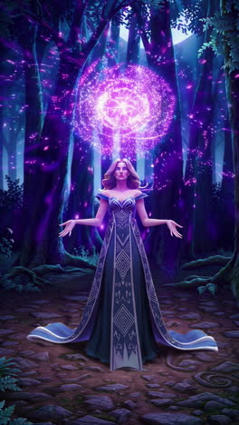 fantasy sorceress manifesting magic in a dark forest