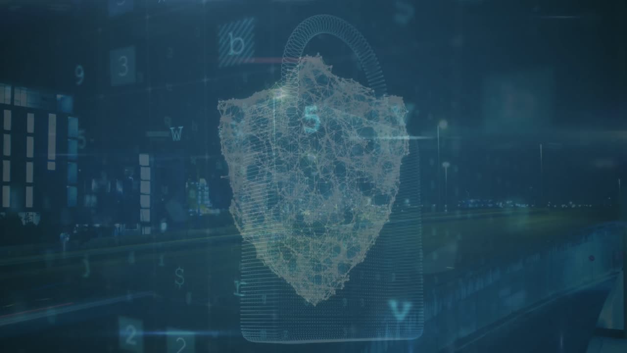 animazione dello scudo digitale su scansione e elaborazione dei dati sullo schermo digitale