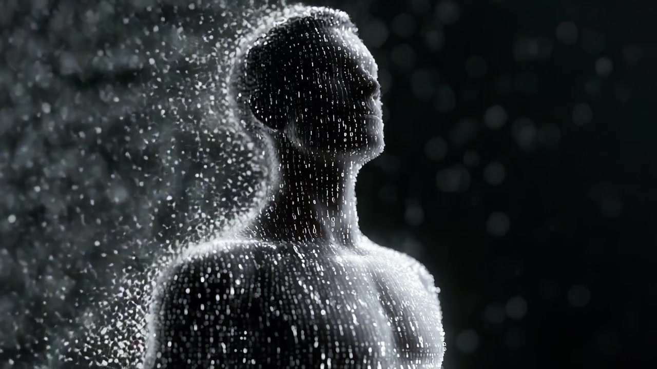 A mesmerizing exploration of human forms and digital artistry, captured in two frames showcasing the ethereal beauty of a figure surrounded by shimmering particles against a dark backdrop.