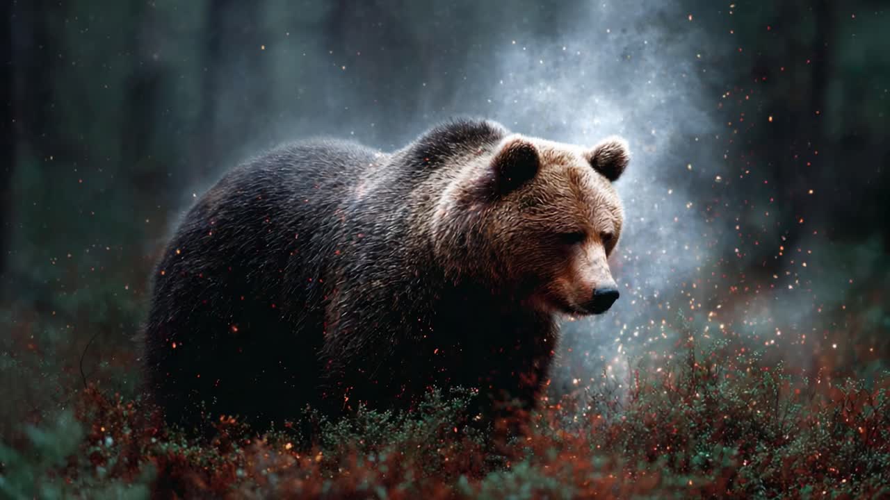 A Majestic Brown Bear Roams Through a Mystical Forest, Surrounded by Ethereal Glow and Enigmatic Atmosphere Captured in Two Frames