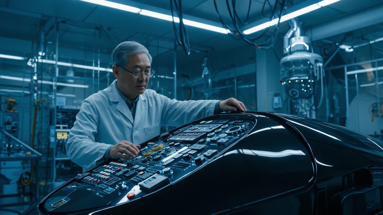 A focused scientist carefully analyzes advanced control panel settings in a high-tech laboratory, showcasing innovation and dedication to research and technology within the scientific community