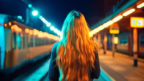 a woman with long blonde hair standing at a train station at night