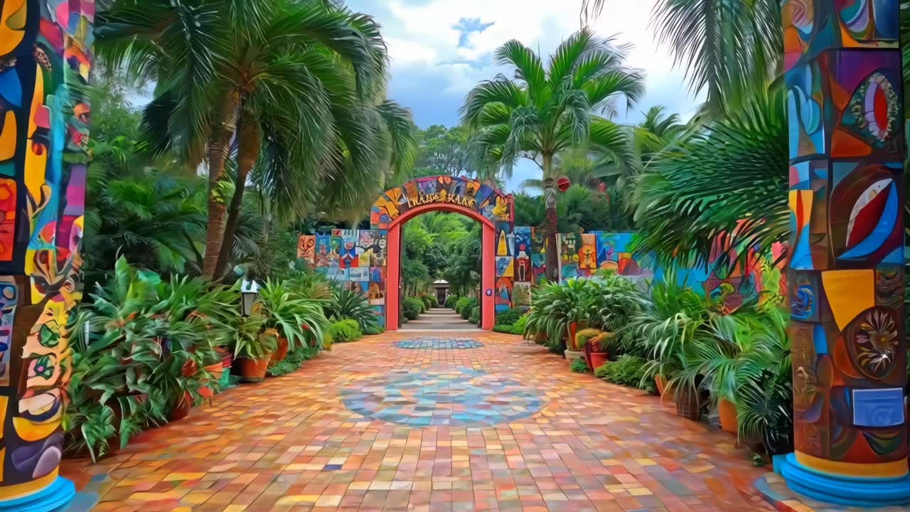 una pasarela colorida en el medio de un jardín tropical con palmeras