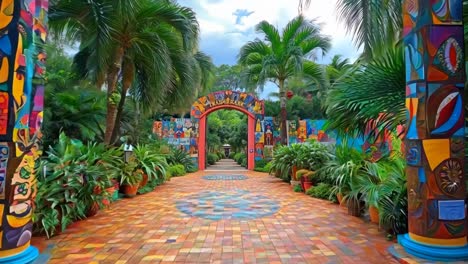 a colorful walkway in the middle of a tropical garden with palm trees