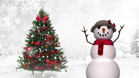 Animation-of-snow-falling-over-christmas-tree-and-snowman