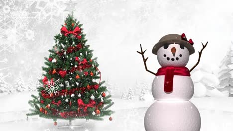 animación de nieve cayendo sobre el árbol de navidad y el muñeco de nieve.