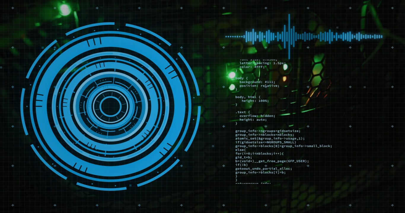 Opening blue circular HUD starting code scroll, audio waveform pulsing showing real-time monitoring