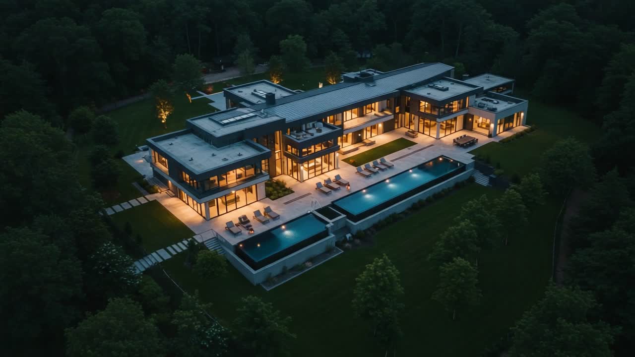 Aerial View of a Luxurious Modern Mansion Surrounded by Lush Greenery and Illuminated by Warm Lights at Dusk, Showcasing Stunning Architecture and Outdoor Spaces