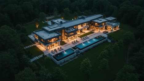 aerial view of a luxurious modern mansion surrounded by lush greenery and illuminated by warm lights at dusk, showcasing stunning architecture and outdoor spaces