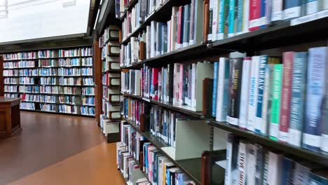 un paseo por las estanterías de libros en una biblioteca