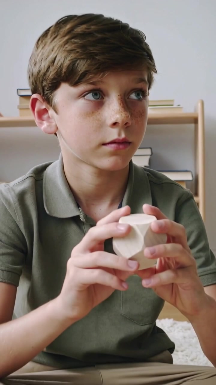 Video verticale: Primo piano iniziale, un ragazzo con polo color oliva che ruota un puzzle di legno su un tappeto, studiando le forme.