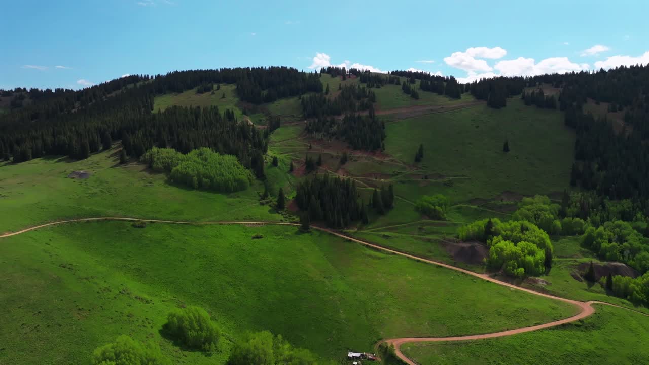 4wd road Little Annie Trailhead Aspen Mountain Ajax Richmond Hill cabins aerial drone Colorado Rocky Mountains Aspen Trees grove Mountain spring summer morning blue sky clouds forward motion