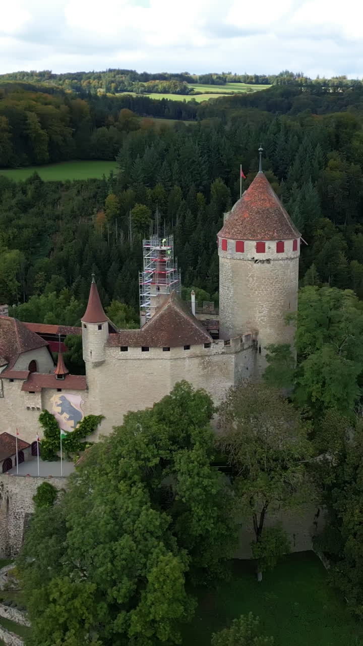 Vertical, aerial: parallax drone shot of Lucens Castle during the day in canton of Vaud, Switzerland