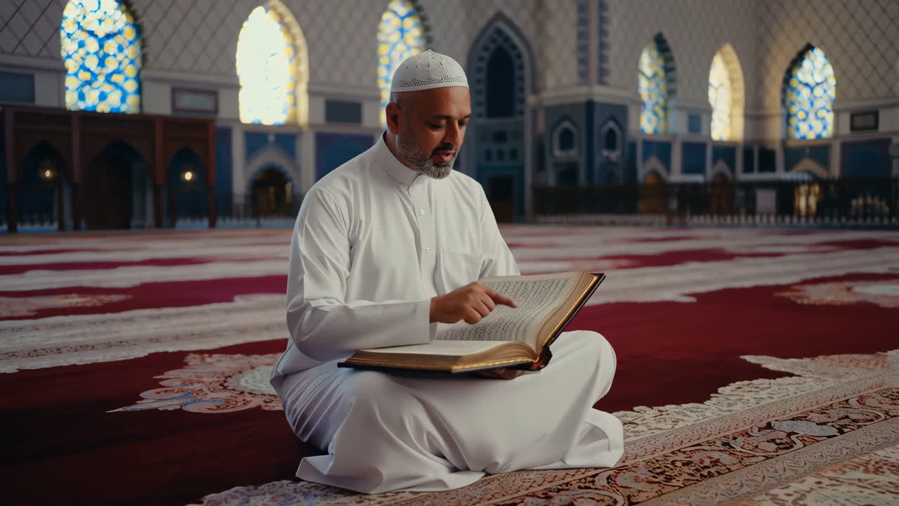 Muslim Man Reading Holy Quran in a Mosque