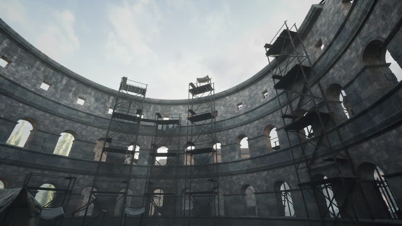 Restoration efforts underway inside historic arena with scaffolding