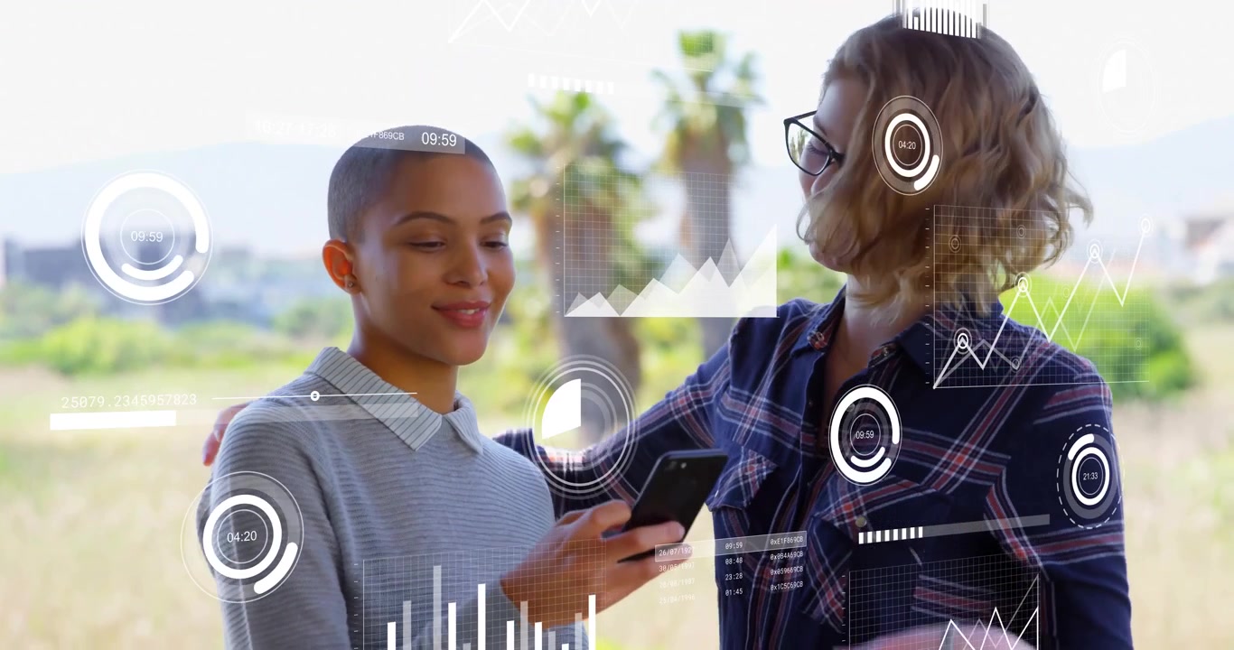 Friends standing on balcony, swiping smartphone animating tech charts posing for selfie