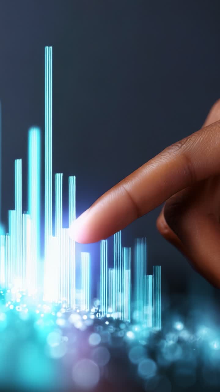 Technological Interaction with Digital Data Visualization: A Finger Touching Audio Waveforms Represented by Vibrant Blue Light on a Dark Background