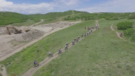 drone view of mountain bikers during a race in colorado