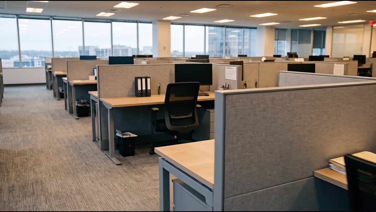 Empty Modern Office Space with Cubicles and City View