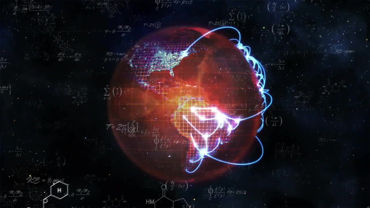 검은 바탕에 있는 지구상에 있는 수학 방정식의 애니메이션