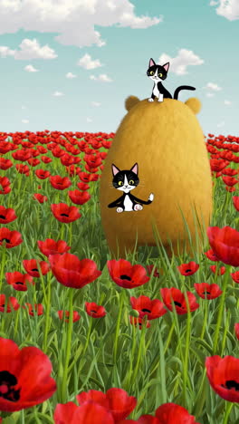 cute cats and a bear in a poppy field