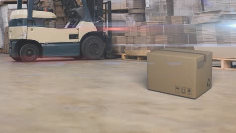 animation of cardboard box falling on a floor with a forklift and stacked up shelves