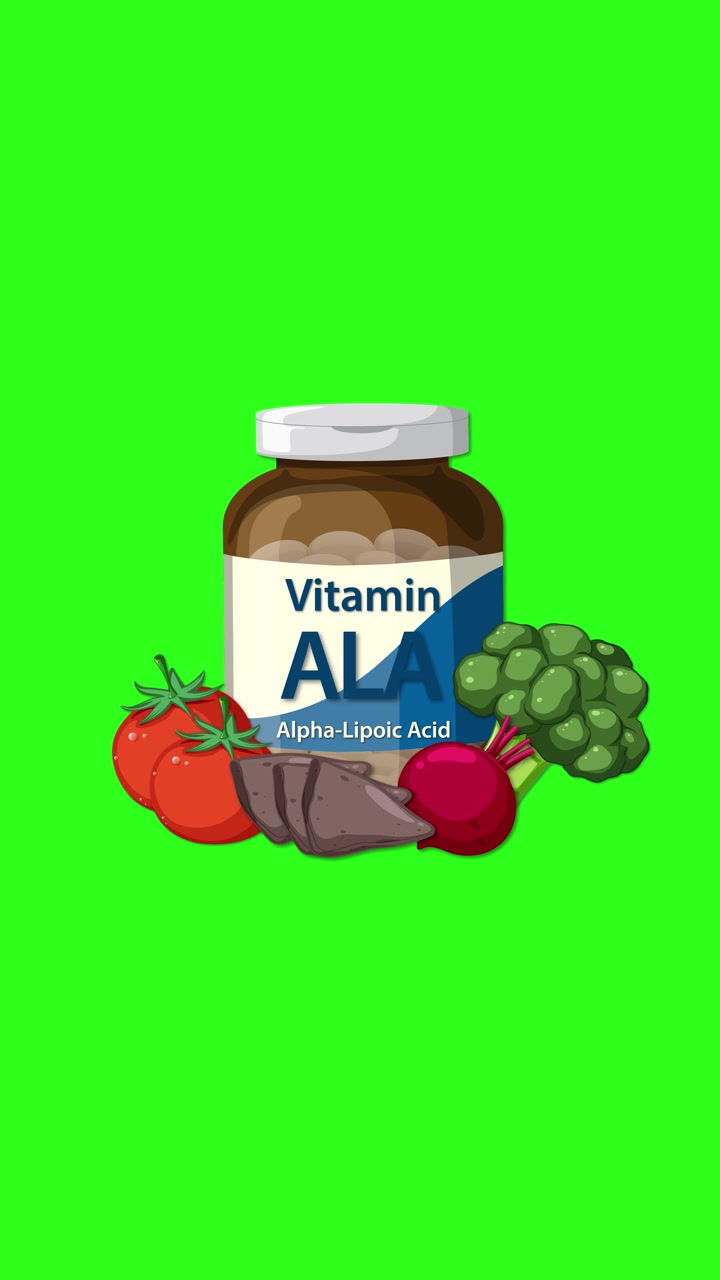 Appare una bottiglia di Vitamina ALA mentre le verdure si animano, su uno sfondo verde brillante
