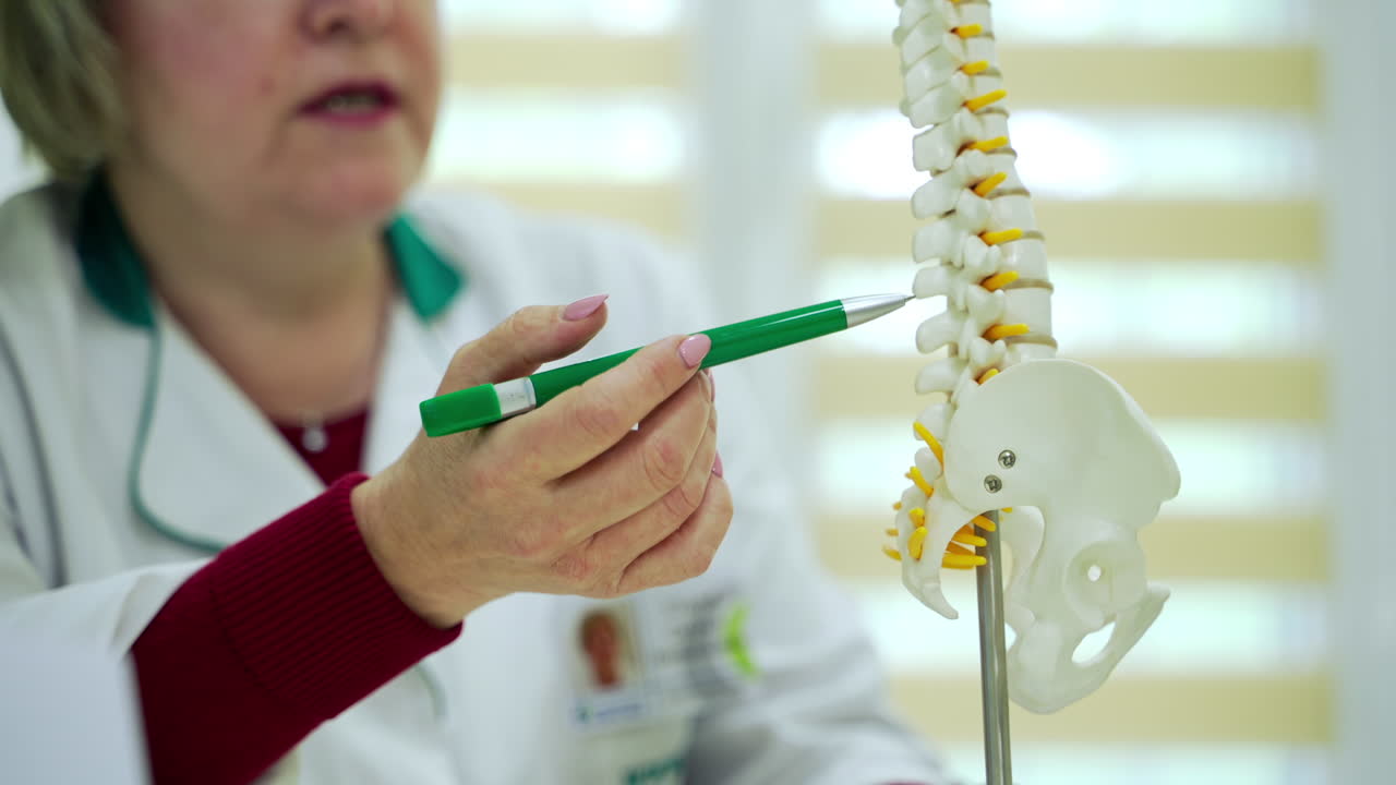 Close up of model of spine. Physiotherapist explaining spine model to patient in hospital