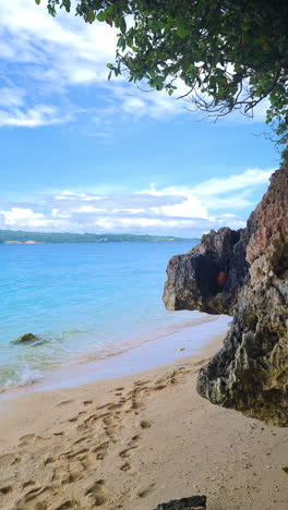 Vídeo-Vertical-De-4k,-Playa-Tropical-Vacía-En-Una-Isla-Exótica,-Arena-Blanca-Bajo-árboles-Y-Rocas